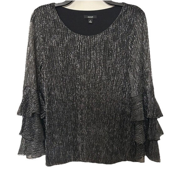 Alfani Black With Silver Accents Ruffle Tiered Sleeves NWT Size M - Picture 1 of 5